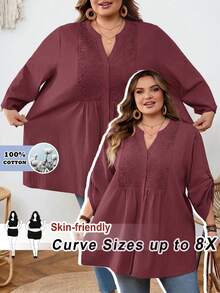 SHEIN CURVE+ 大尺碼 US22 音樂節海邊度假波西米亞休閒純色蕾絲拼接前扣寬鬆襯衫 - 酒紅色 - 查看 1