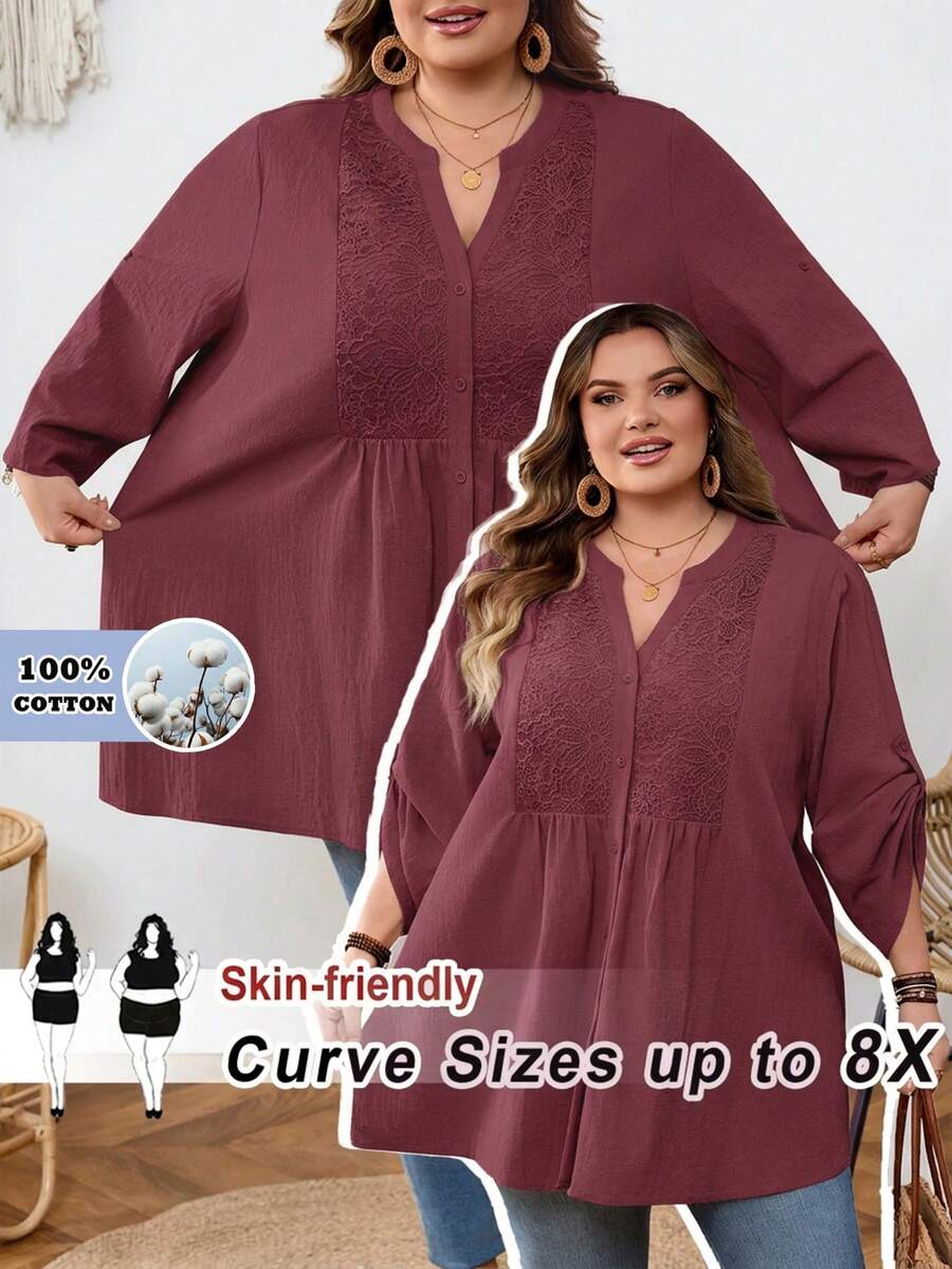 SHEIN CURVE+ 大尺碼 US22 音樂節海邊度假波西米亞休閒純色蕾絲拼接前扣寬鬆襯衫 - 酒紅色 - 查看 1