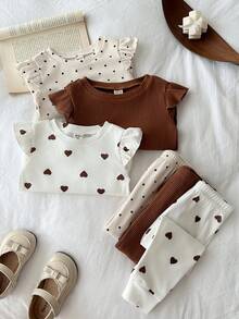LMoss Kids Baby Girl Knitted Heart Pattern Round Neck Ruffle Trim T-Shirt And Long Pants 6-Piece Set - Multicolor - View 3