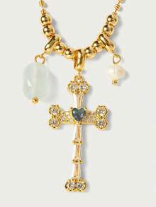 Glisma Collier pendentif croix plaqué or 18 carats, élégant/premium/old money/chic, été/plage/bal/soirée, superposé/pierre précieuse/perles/cristaux, sexy/vintage - Or jaune - Voir 5