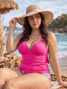 Swim Lushoire مجموعة ملابس سباحة نسائية بمقاسات كبيرة بطبعة صدفية جديدة ربيع/صيف 2026، أزرق فاتح استوائي لعطلة الشاطئ - متعدد الألوان - مشاهدة 3