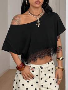 Coolane 女款街頭風性感戶外運動休閒印花露肩寬鬆短版黑色T恤，適合夜店夏季穿著 - 黑色 - 查看 6