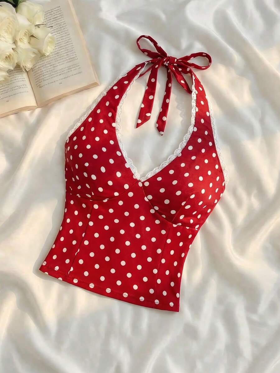 SHEIN MOD 女款波點掛脖無袖短版紅色與白色甜美性感可愛 90s 80s 復古 Y2K 吊帶上衣 外出度假派對萬聖節節慶夏季 - 紅白色 - 查看 1