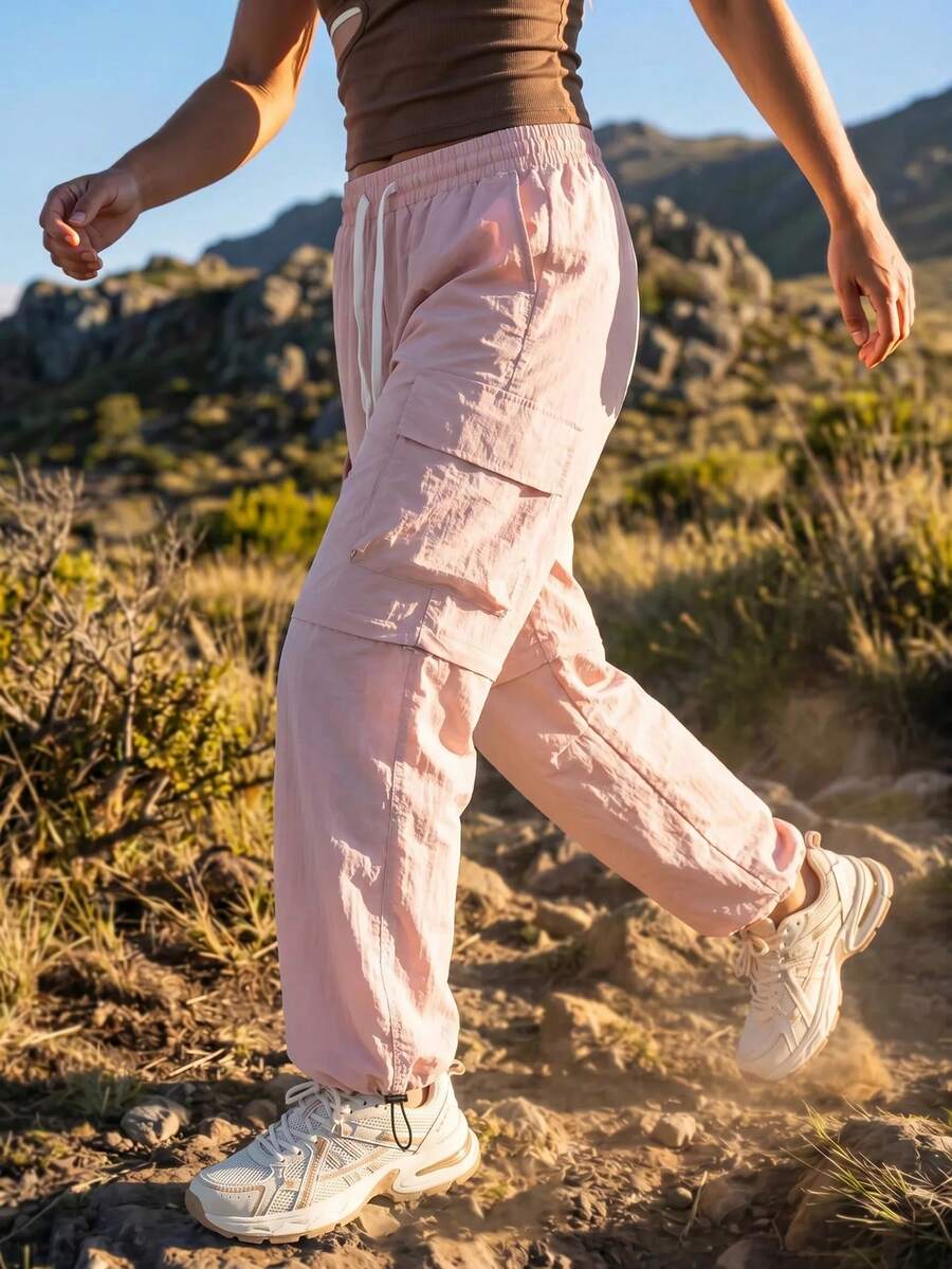 WanderVale Women's Solid Color Drawstring Waist Cargo Pocket Hiking Pants - Pink - View 1