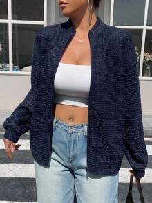 Dazy Plus Plus Size Knitted Jacquard Fabric Loose Long Sleeve Casual Street Style Blogger Spring Autumn Coat - Navy Blue - View 3