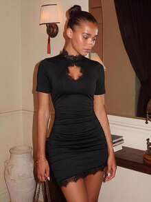 Lumalex Black Ruched Mini Dress With Lace Mock Neck Keyhole Front Short Sleeves Asymmetric Lace Trim Hem And Back Keyhole Luxury Elegant Dresses For Women - Black - View 6