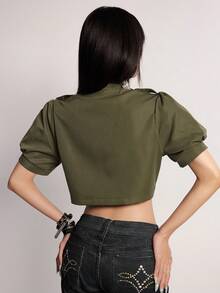 Rina Fox 女款鈕扣設計短款花瓣袖短夾克 - 軍綠色 - 查看 2