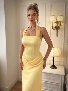 Seusyu Women's Solid Color Pleated Slim Fit Halter Neck Elegant Cocktail Dress - Yellow - View 5