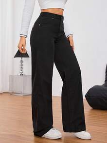SHEIN Tall Women Front Button Pocket Casual Simple Denim Jeans, Everyday Wear, Tall Women - Black - View 2