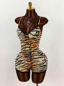 Bumpella Vintage Wild Lace Hem Slit Animal Print Plunging Neckline Bodycon Jumpsuit For Women, Summer - Brown - View 5