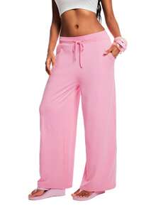 Zyxie LOONEY TUNES X SHEIN Women's Solid Color Drawstring Waist Casual Versatile Wide Leg Pants For Daily Wear - Pink - View 1