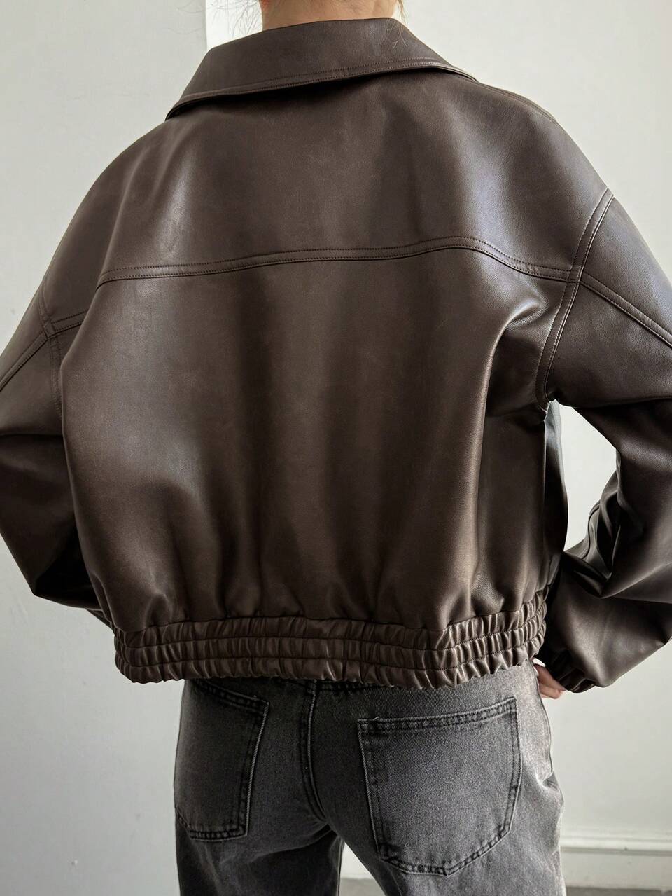 Women's Lapel Long Sleeve Loose Open Front PU Leather Jacket Casual Outerwear Fall