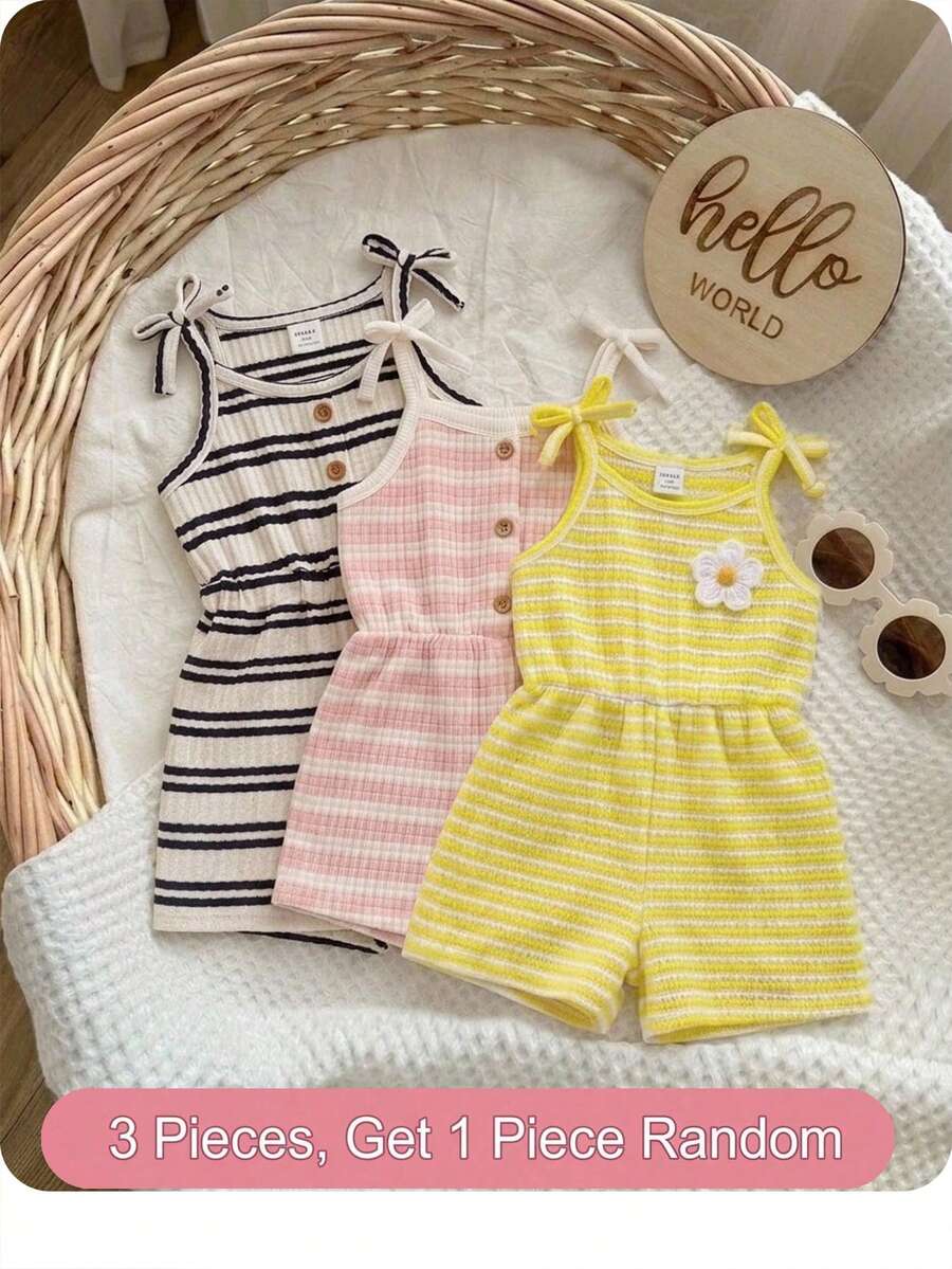 SHEIN Mono de punto suave a rayas para bebé niña - Amarillo - Ver 1