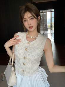 DAZY 1件女款無袖流蘇毛絨背心上衣，約會之夜與日間外出穿搭，奶油白色，夏季法式優雅風 - 米色 - 查看 9