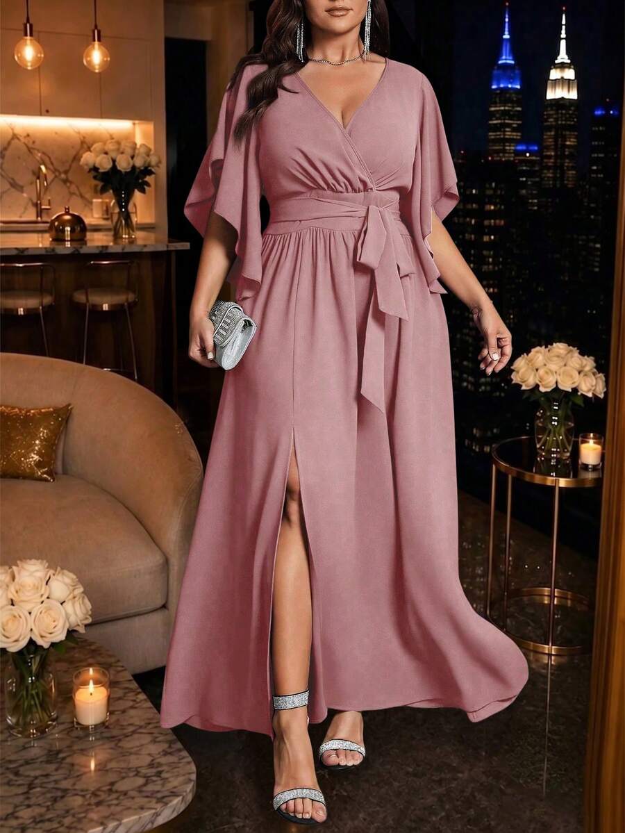 Auvina 加大码女式 V 领喇叭短袖系腰褶皱开衩优雅派对长裙 - 藕粉色 - 查看 1