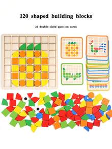 MINKOJA Wooden Mosaic Pattern Block Puzzle Set, 120 Pcs Color Geometric Shapes With Grid Board & Double Sided Flash Cards, Kids Shape Color Recognition Logical Thinking Fine Motor Educational Toy For Toddlers 3+ - Multicolor - View 4