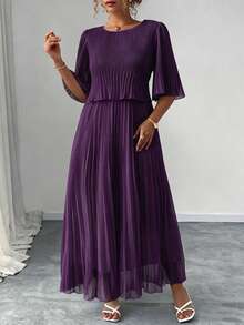Elenzga Plus Size Solid Color Elegant Chiffon Pleated Dress For Spring And Summer - Purple - View 3