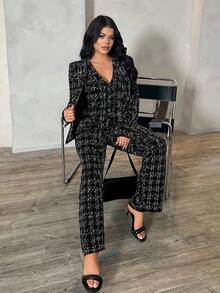 SHEIN SXY 秋冬性感通勤約會深藍色長袖西裝外套、背心與長褲三件套 - 黑與白 - 查看 6