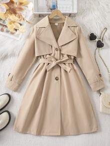 Tween Girls Beige Long Sleeve Elegant Commuter Zip Up Waist-Cinching Hooded Mid-Length Jacket With Webbing, Fall, Solid, Minimalist, Back To - Apricot - View 4