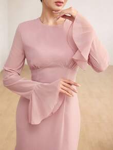Graceveil Elegant Polka Dot High Neck Flared Sleeve Cinched Waist Mermaid Dress - Pink - View 8