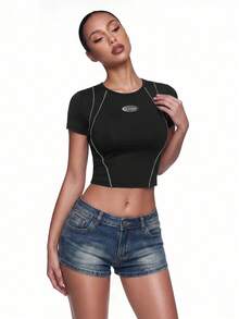 SHEIN ICON Letter Patched Detail Contrast Piping Crop Tee - Black - View 8