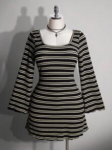 SHEIN ICON Plus Size Colorful Striped Backless Bell Sleeve Knit Dress - Black and White - View 3