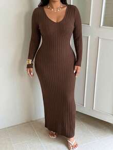 SHEIN EZwear Plus Solid V Neck Bodycon Dress Date Night Dress, Winter - Brown - View 6