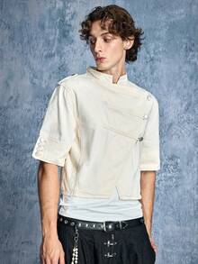 ROMWE MEN Casual Men's Solid Color Small Stand Collar Metal Button Shoulder Epaulette Decor Court Style Asymmetric Placket Half Sleeve Denim Shirt - White - View 6