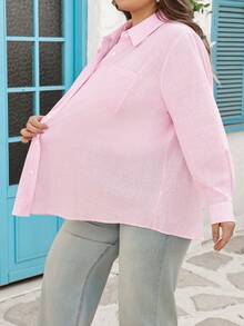 SHEIN CURVE+ Curve Size US22 音樂節海邊度假波希米亞風女款長袖休閒條紋襯衫，春夏女裝 - 粉色 - 查看 9