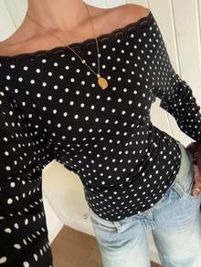 SHEIN EZwear 女款波點露肩休閒百搭日常穿搭上衣 - 黑色 - 查看 6