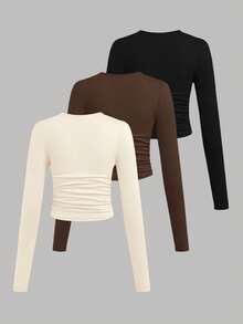 SHEIN Girlism Teen Girl Knit Solid Color 3pcs Pieces Set Round Neck Ruched Long Sleeve T-Shirts - Multicolor - View 2