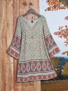 Rusticease Plus Size Patterned Midi Dress,Fall Women Clothes - Mint Green - View 3