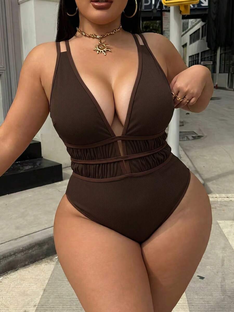 Swim SXY 女款大尺碼豹紋深V領性感連身海灘度假泳衣