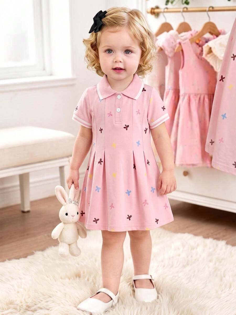 SHEIN Playful Pals 女嬰白色休閒洋裝，1件裝，羅紋領口、羅紋袖口，適合休閒、外出、運動及派對
