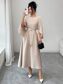 SHEIN Raffinéa 女士优雅收腰连衣裙，蝙蝠袖设计，卡其色，适合通勤、外出和约会，春夏款 - 卡其色 - 查看 6