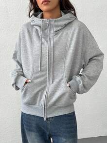 SHEIN EZwear 灰色女款拉鍊口袋長袖運動衫 - 淺灰色 - 查看 4