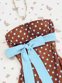 Elamini Women's Polka Dot Bow Decor Casual Daily Summer Dress - Brown - View 3