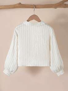 SHEIN Irls' White Collared Drop-Shoulder 3/4 Sleeve Shirt Preppy Style Versatile For School Casual Spring - Black and White - View 2
