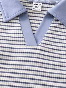 Girls' T-Shirt With Collar, Striped Colorblock, Waist-Cinching, Casual Back To School Academy Style - Blue and White - View 5