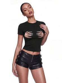 SHEIN ICON 女士休闲简约手印修身圆领短袖 T 恤，适合春夏季 - 黑色 - 查看 4
