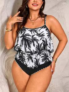 Swim Lushoire Setelan 2pcs Wanita Ukuran Plus Motif Pohon Kelapa, Atasan Tali Bahu Tipis dengan Hiasan Ruffle dan Celana Panjang Pinggang Tinggi dengan Hiasan Ruffle, Liburan Musim Panas di Pantai, Warna Putih - Hitam dan Putih - View 5