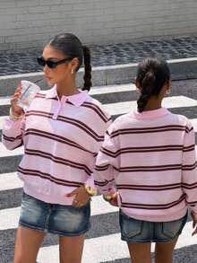 Muchica Women's Pink Striped Long-Sleeve Casual Sweater With Polo Collar , Autumn Winter - Pink - View 1