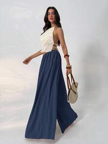 SHEIN Tall CURVE 大尺碼女款純色彈性腰休閒波希米亞風正式度假百搭日常長褲 海灘度假 海軍藍 秋季 - 藏蓝色 - 查看 10