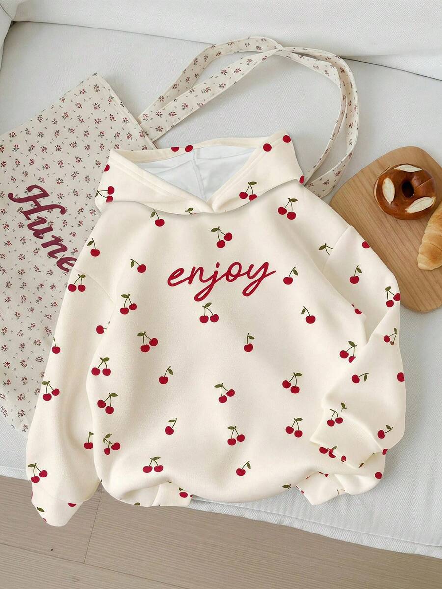 SHEIN EZwear 印花運動衫,適合秋冬休閒極簡日常百搭派對聚會機場 Y2K 上衣,櫻桃印花圖案,夏季,外出穿搭 - 彩色 - 查看 1