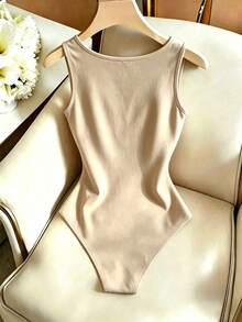 SHEIN Franclia 女款新款U領無袖花卉局部印花米色修身百搭連身衣，適合早午餐、度假、夏季，浪漫優雅 - 卡其色 - 查看 2