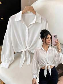 SHEIN SXY Women's Casual Versatile Single-Breasted Long Sleeve Sheer Blouse,Sexy,Sheer ,Fall,White Blouse,Casual Blouses,Basic - White - View 2