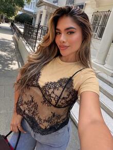 Maria Perezxox Camiseta corta de verano 2 en 1 con patchwork de encaje, cuello redondo, color albaricoque, 95% algodón, top casual de verano - Albaricoque - Ver 1