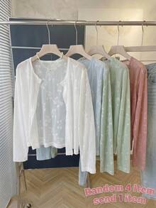 Tween Girl) Casual Basic White Base Daily Season Cooling Outerwear Cardigan With Bow Lace Collarless Open Front Long Sleeve Jacket - White - View 2