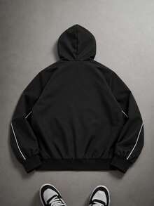 Vacaura American Street Racing Style Hooded Jacket With Contrast Curved Stitching, Zip-Up Hooded Outerwear, Short Loose Fit Snug Fit Versatile Design, Suitable For All Body Types, Full Zip Closure For Flexible Styling, Ideal For Daily Wear, Street Style, Spring/Autumn Single Wear, Early Winter Layering - Black - View 2