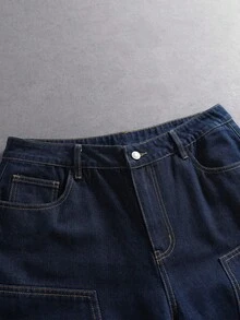 ROMWE MEN HELLO KITTY AND FRIENDS | ROMWE Men's Casual Daily Denim Shorts With Pocket, Button And Cartoon Letter Pattern - Blue - View 3